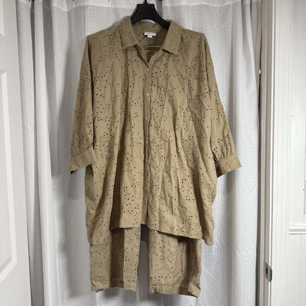 PureJill J Jill Eyelet Tunic Blouse Crop Pants Set 2X Beige Lagenlook Earthy